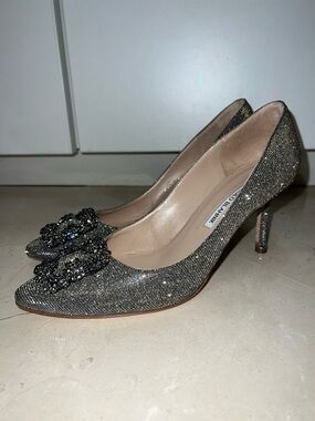 Manolo Blahnik Silver Glitter Crystal-Buckled Pump